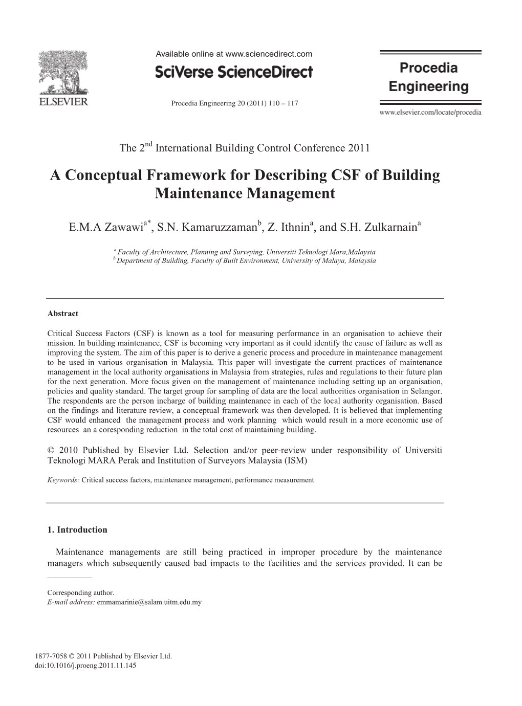 A Conceptual Framework for Describing CSF of Building Maintenance Management