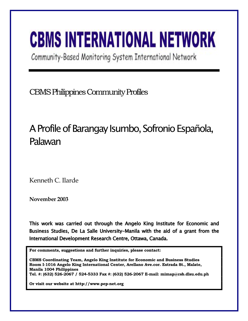 A Profile of Barangay Isumbo, Sofronio Española, Palawan