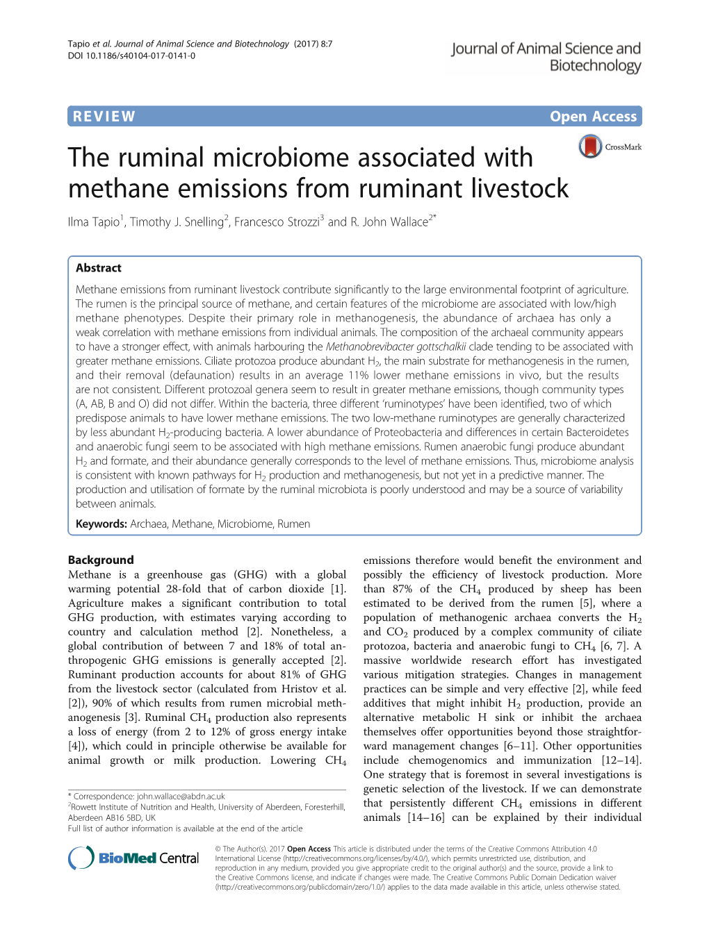 The Ruminal Microbiome Associated with Methane Emissions from Ruminant Livestock Ilma Tapio1, Timothy J