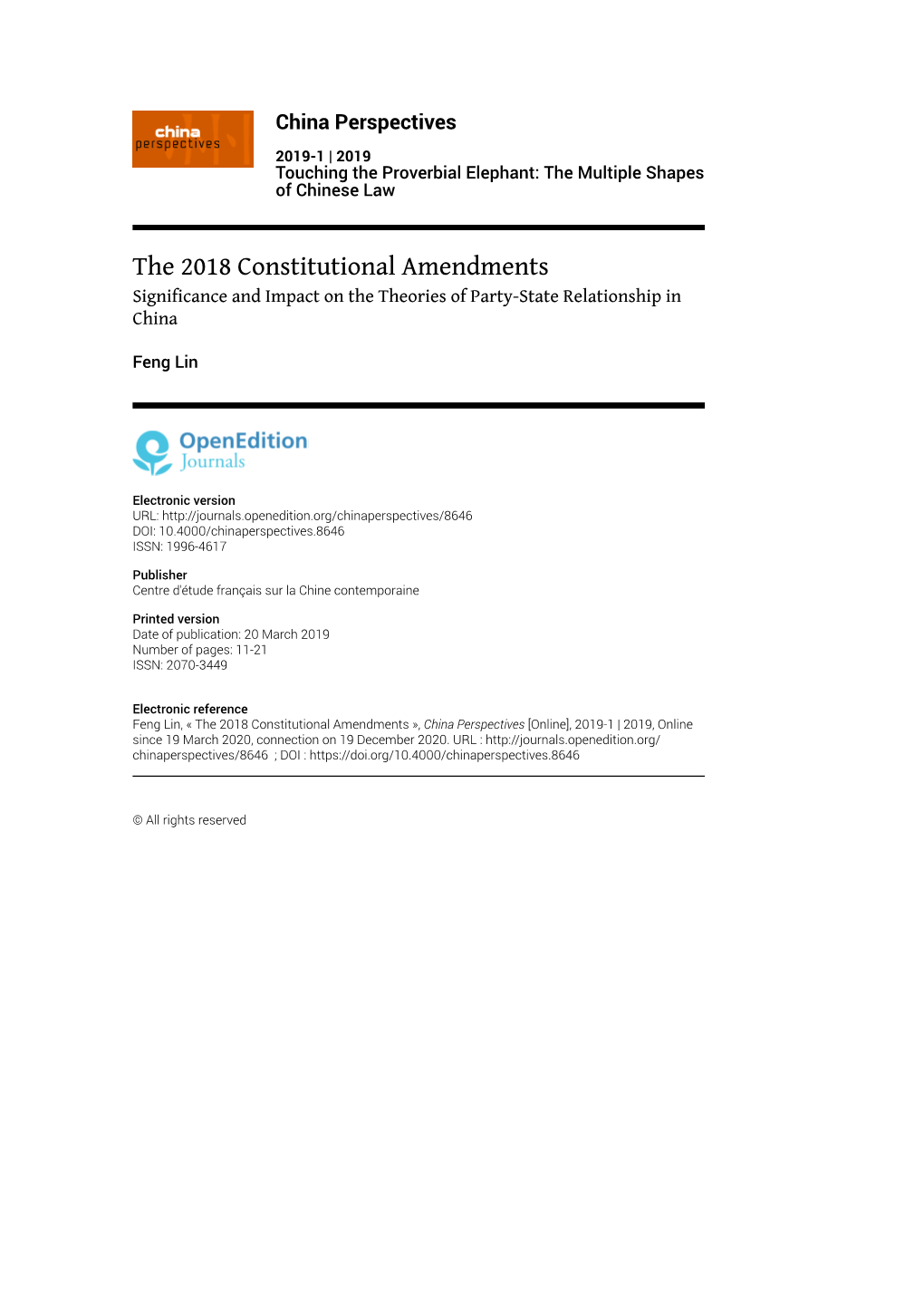 The 2018 Constitutional Amendments Significance and Impact on the Theories of Party-State Relationship in China