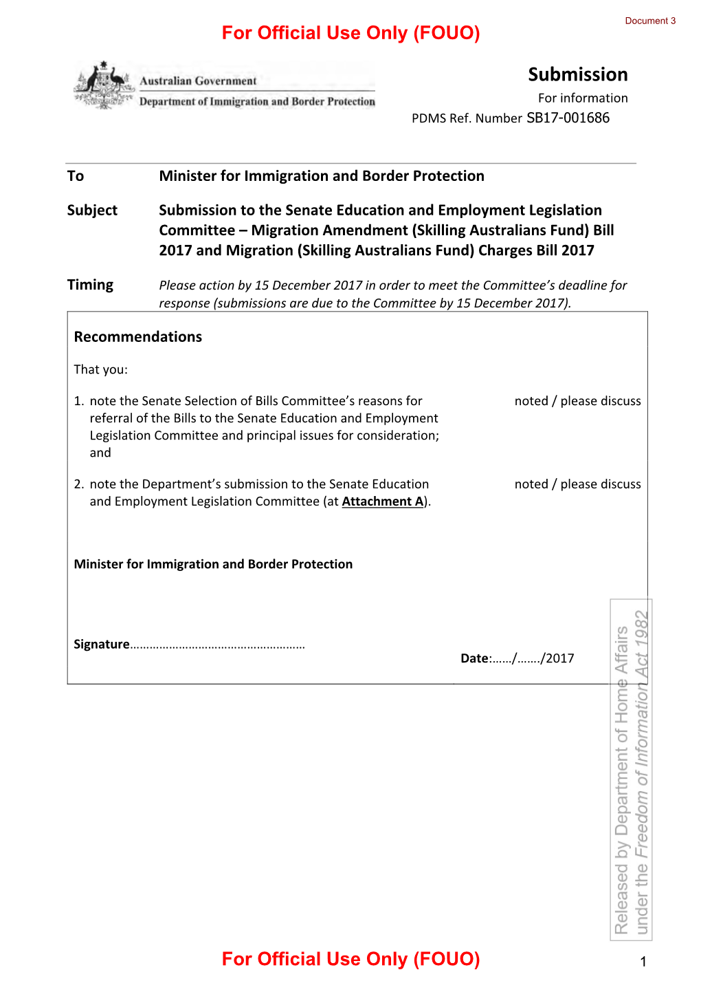 A Copy of Formal Briefs and Or Submissions Relating to the Introduction of the SAF Levy As Part of the Migration Skilling Austra