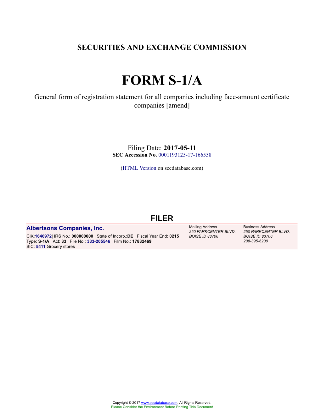 Albertsons Companies, Inc. Form S-1/A Filed 2017-05-11