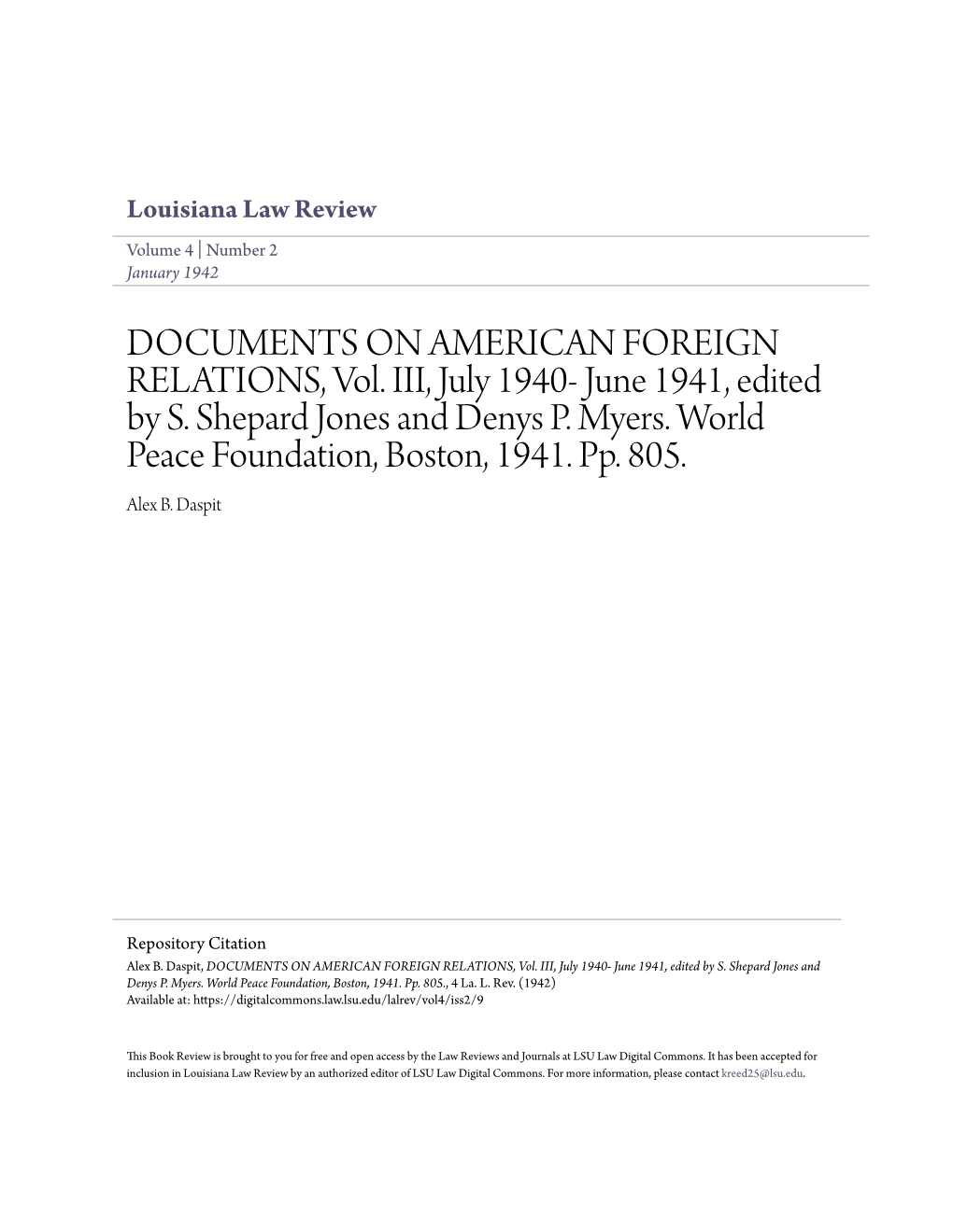 DOCUMENTS on AMERICAN FOREIGN RELATIONS, Vol. III, July 1940- June 1941, Edited by S