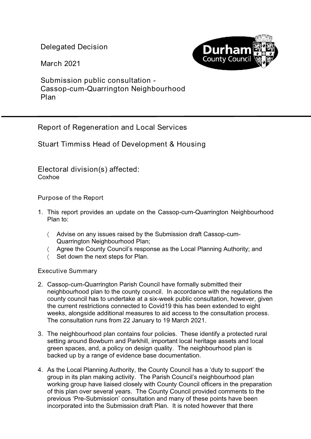 Cassop-Cum-Quarrington Neighbourhood Plan Report Of