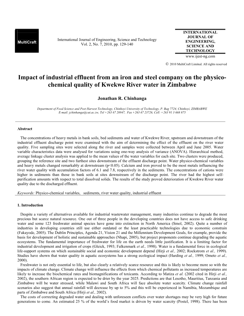 Chemical Quality of Kwekwe River Water in Zimbabwe