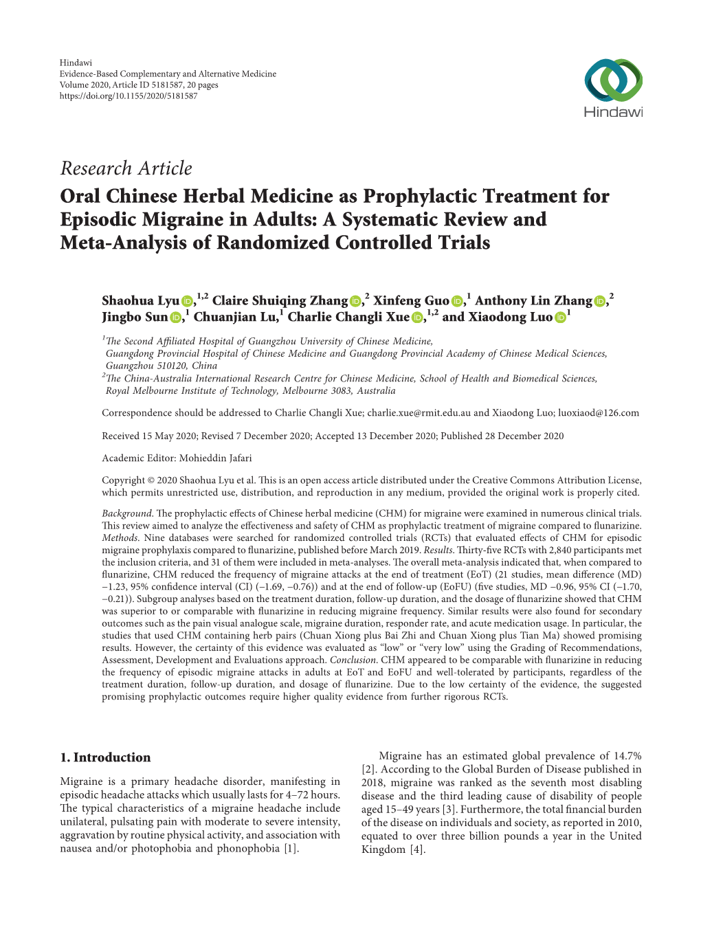 Oral Chinese Herbal Medicine As Prophylactic Treatment for Episodic Migraine in Adults: a Systematic Review and Meta-Analysis of Randomized Controlled Trials