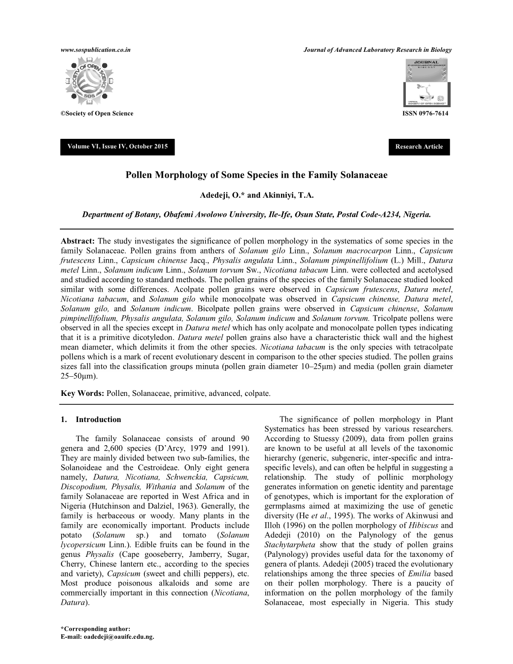 Pollen Morphology of Some Species in the Family Solanaceae