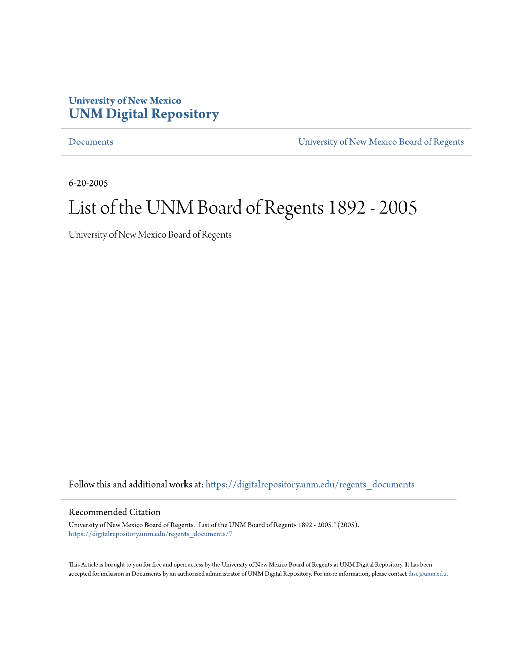 List of the UNM Board of Regents 1892 - 2005 University of New Mexico Board of Regents