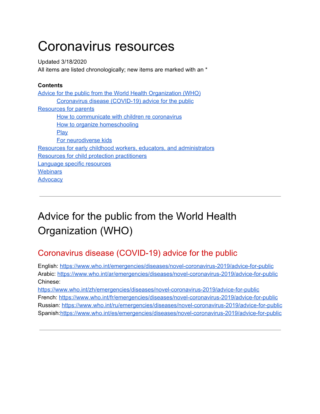 Coronavirus Resources Updated 3/18/2020 All Items Are Listed Chronologically; New Items Are Marked with an *