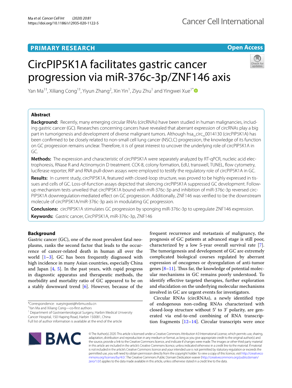 Circpip5k1a Facilitates Gastric Cancer Progression Via Mir-376C-3P