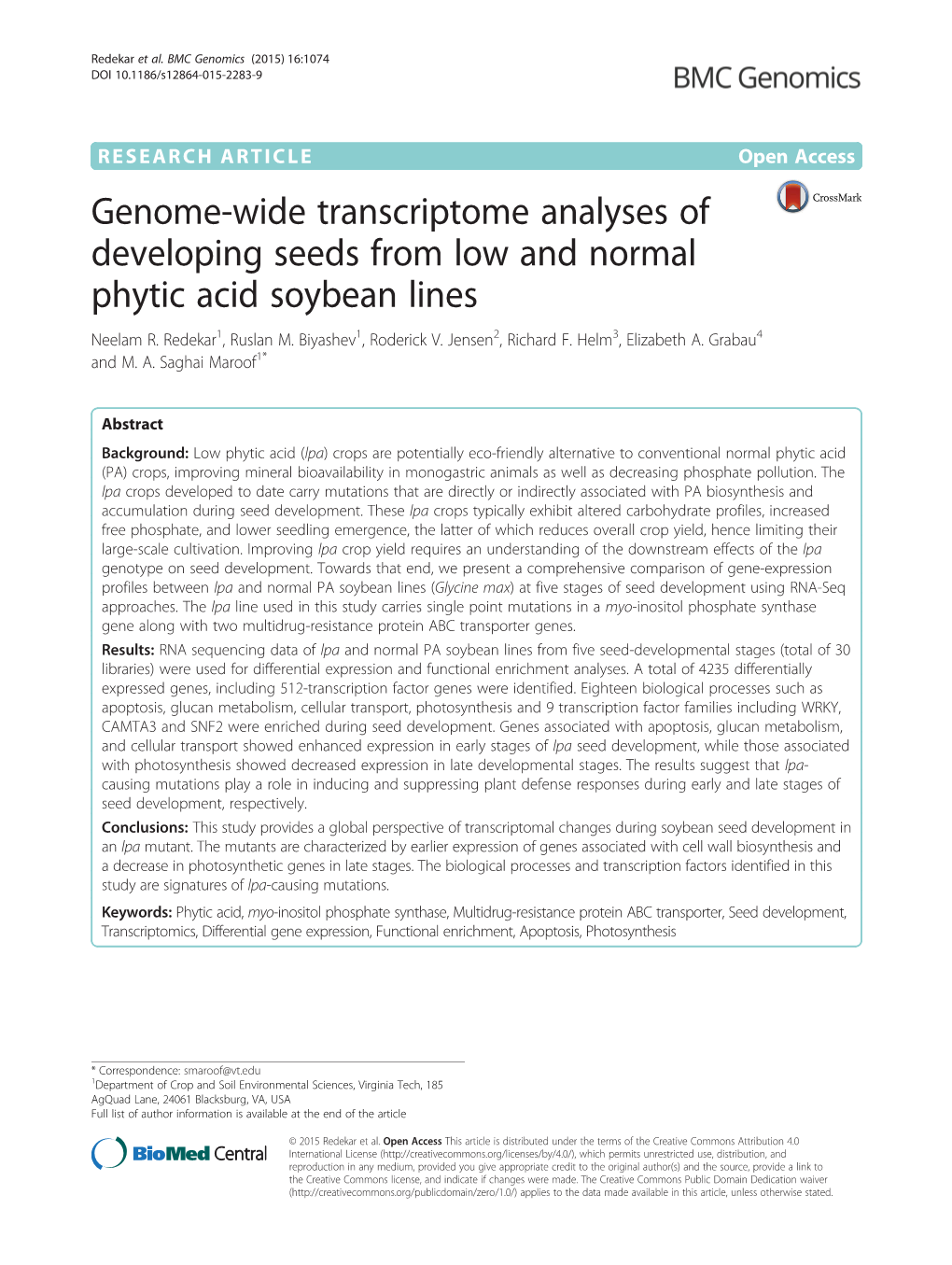 Genome-Wide Transcriptome Analyses of Developing Seeds from Low and Normal Phytic Acid Soybean Lines Neelam R