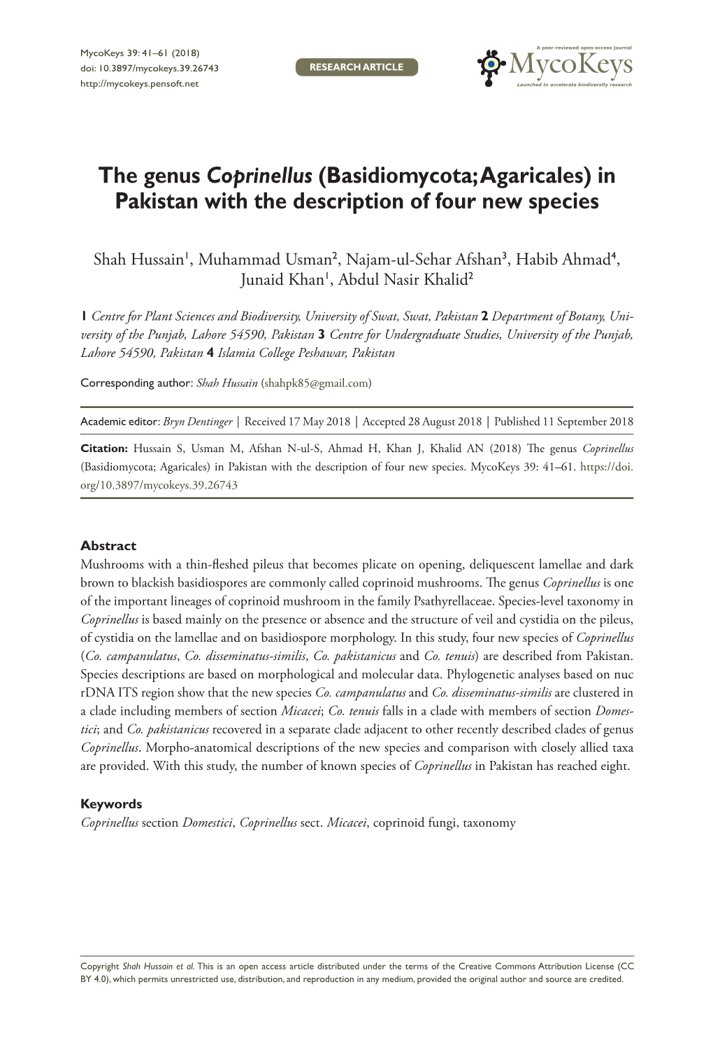 The Genus Coprinellus (Basidiomycota; Agaricales) in Pakistan with the Description of Four New Species