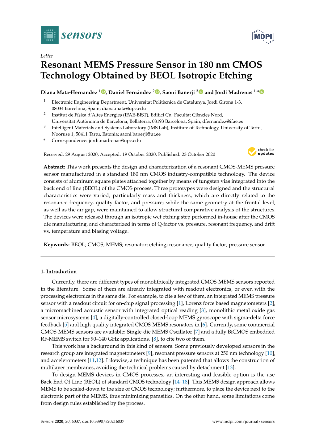 Resonant MEMS Pressure Sensor in 180 Nm CMOS Technology Obtained by BEOL Isotropic Etching