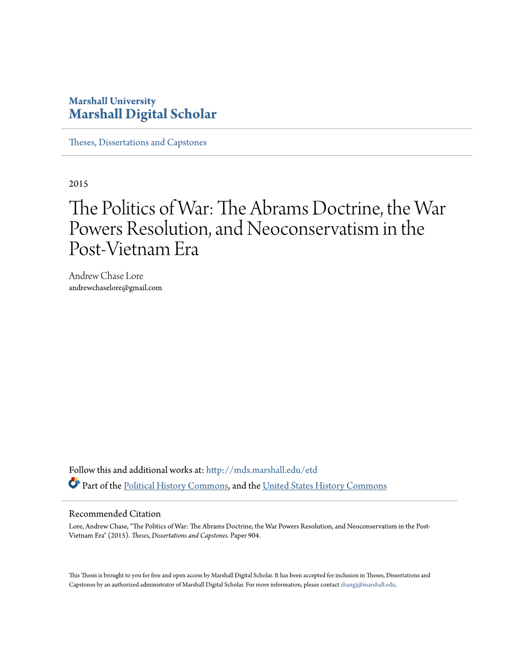 The Abrams Doctrine, the War Powers Resolution, and Neoconservatism in the Post-Vietnam Era Andrew Chase Lore Andrewchaselore@Gmail.Com