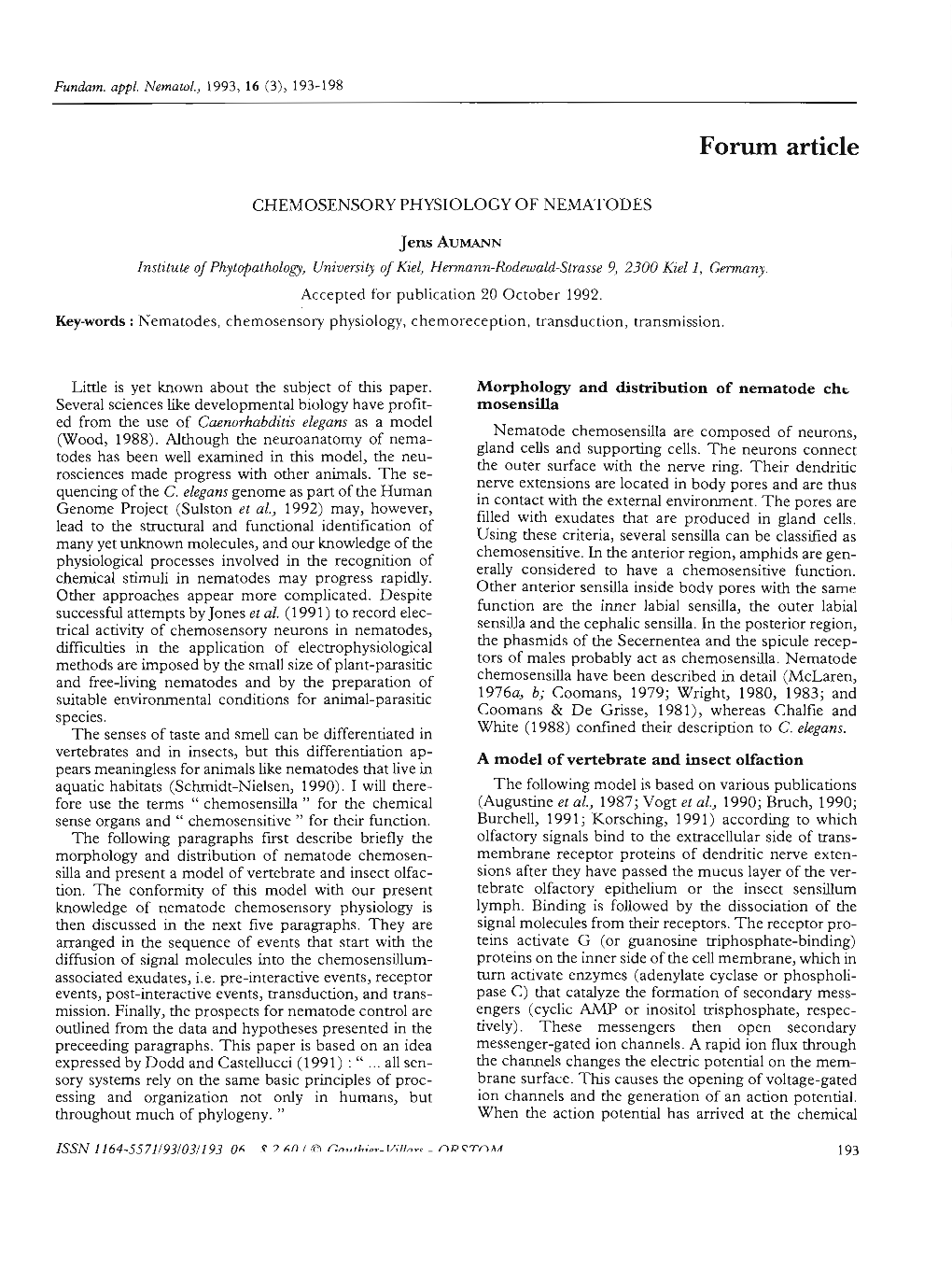 Chemosensory Physiology of Nematodes