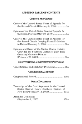 APPENDIX TABLE of CONTENTS Order of the United States Court of Appeals for the Second Circuit (February 3, 2020)