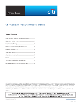 Citi Private Bank Pricing, Commissions and Fees
