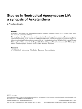 Studies in Neotropical Apocynaceae LIV: a Synopsis of Asketanthera