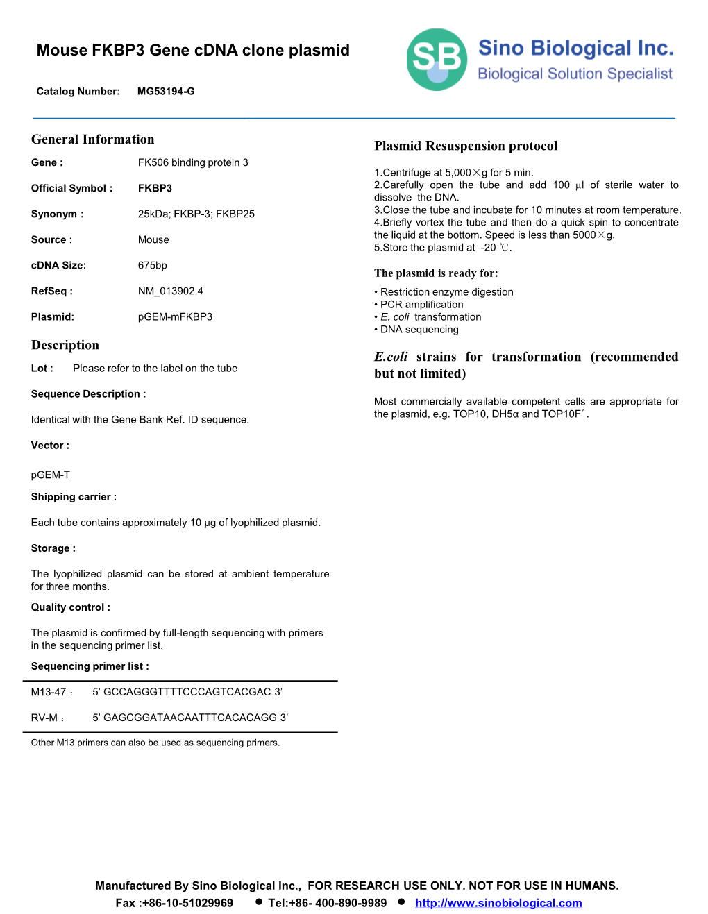 Mouse FKBP3 Gene Cdna Clone Plasmid