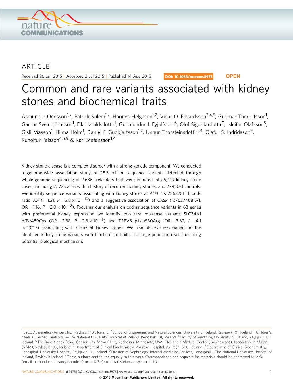 Common and Rare Variants Associated with Kidney Stones and Biochemical Traits