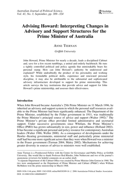 Advising Howard: Interpreting Changes in Advisory and Support Structures for the Prime Minister of Australia