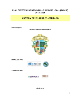 Plan Cantonal De Desarrollo Humano Local (Pcdhl) 2016-2026