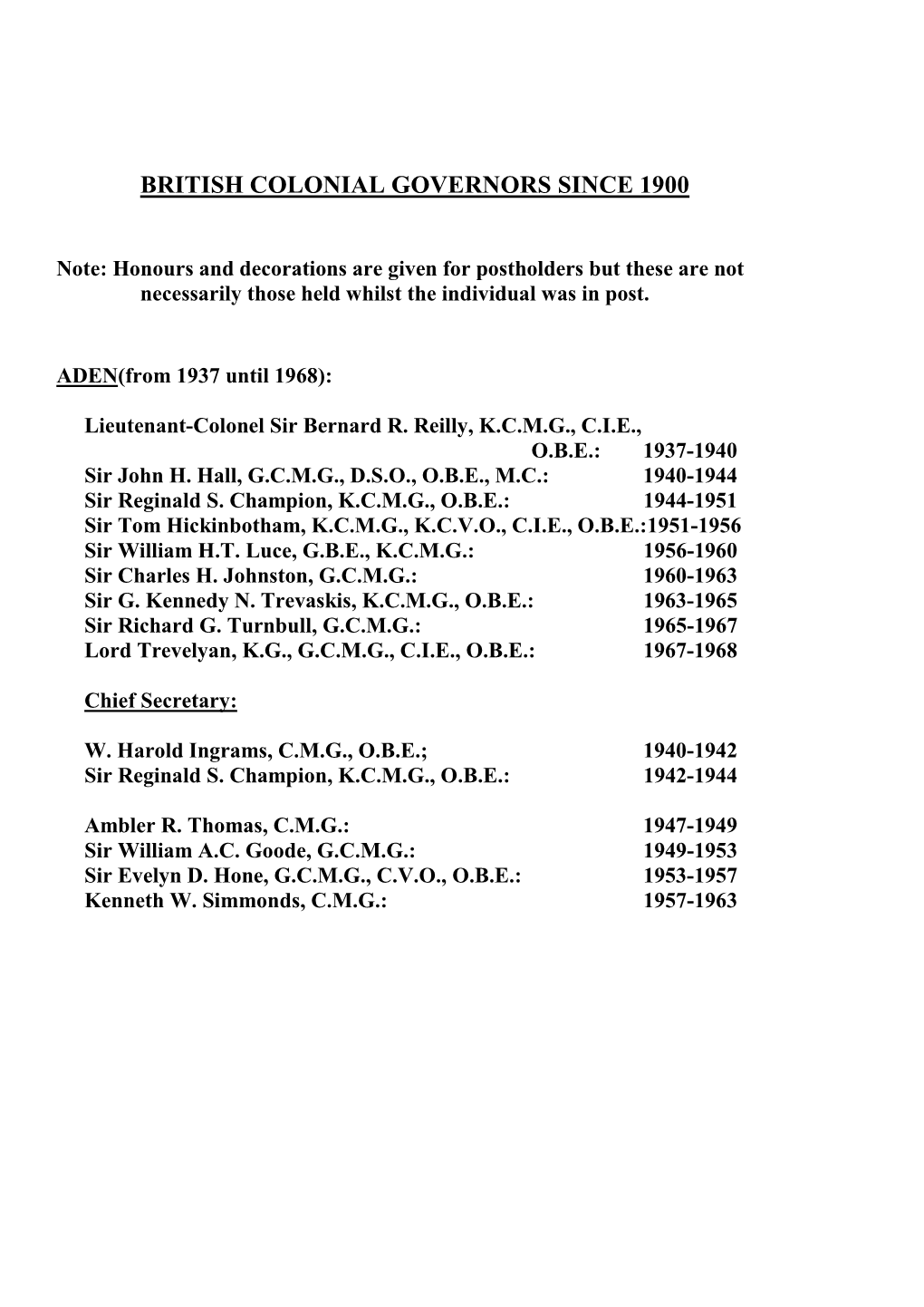 British Colonial Governors Since 1900