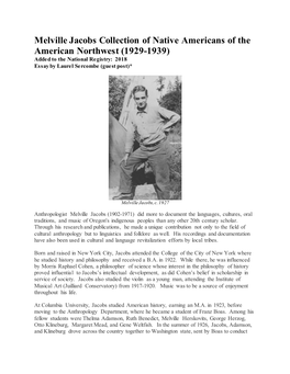 Melville Jacobs Collection of Native Americans of the American Northwest (1929-1939) Added to the National Registry: 2018 Essay by Laurel Sercombe (Guest Post)*