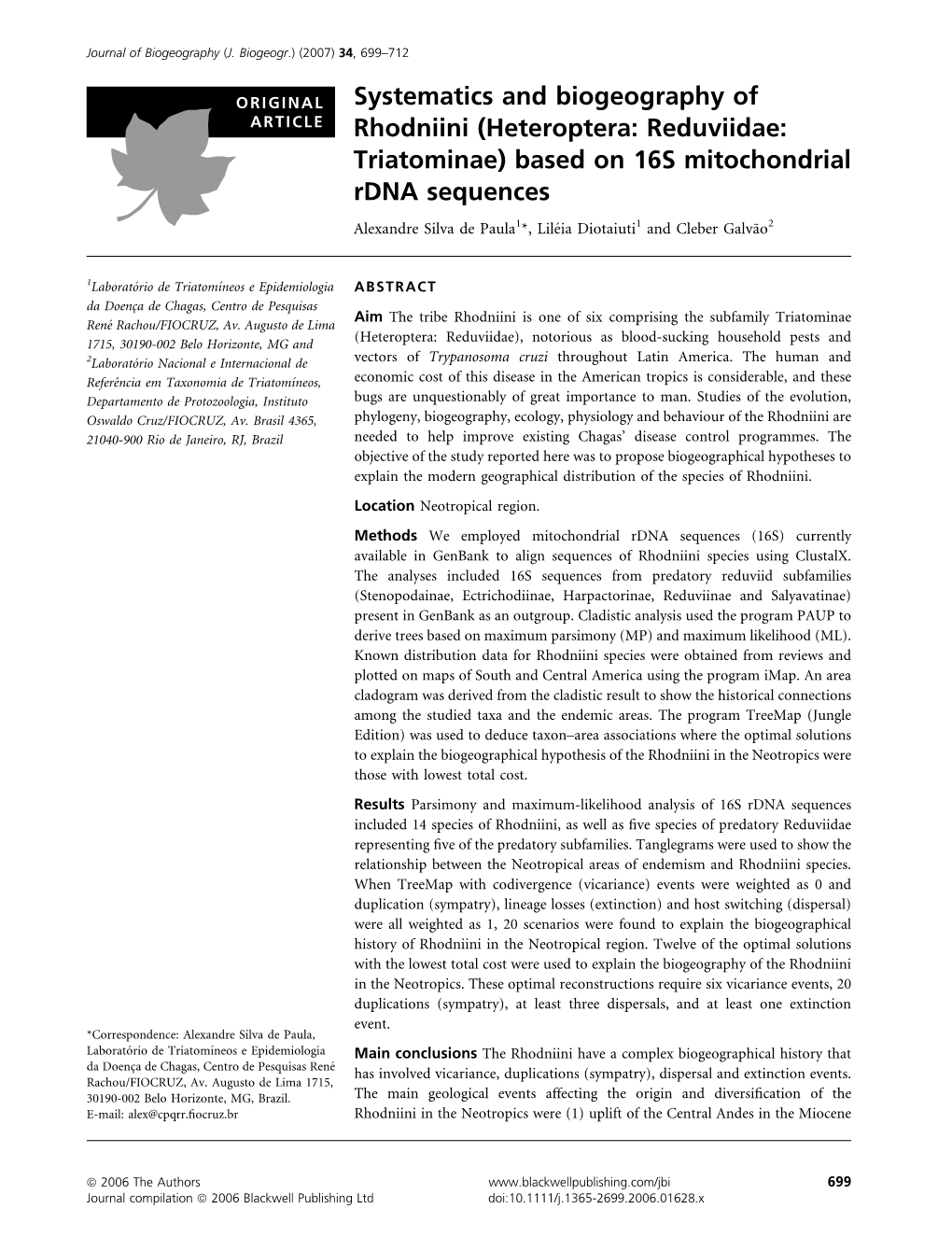 Systematics and Biogeography of Rhodniini (Heteroptera: Reduviidae: Triatominae)