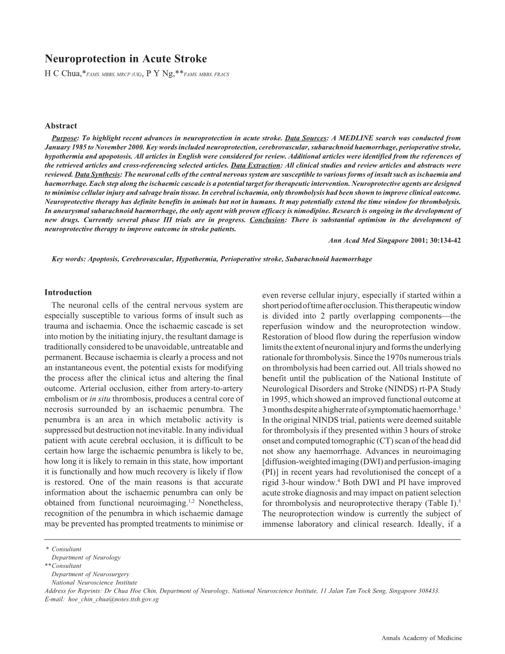 Neuroprotection in Acute Stroke—H C Chua & P Y Ng