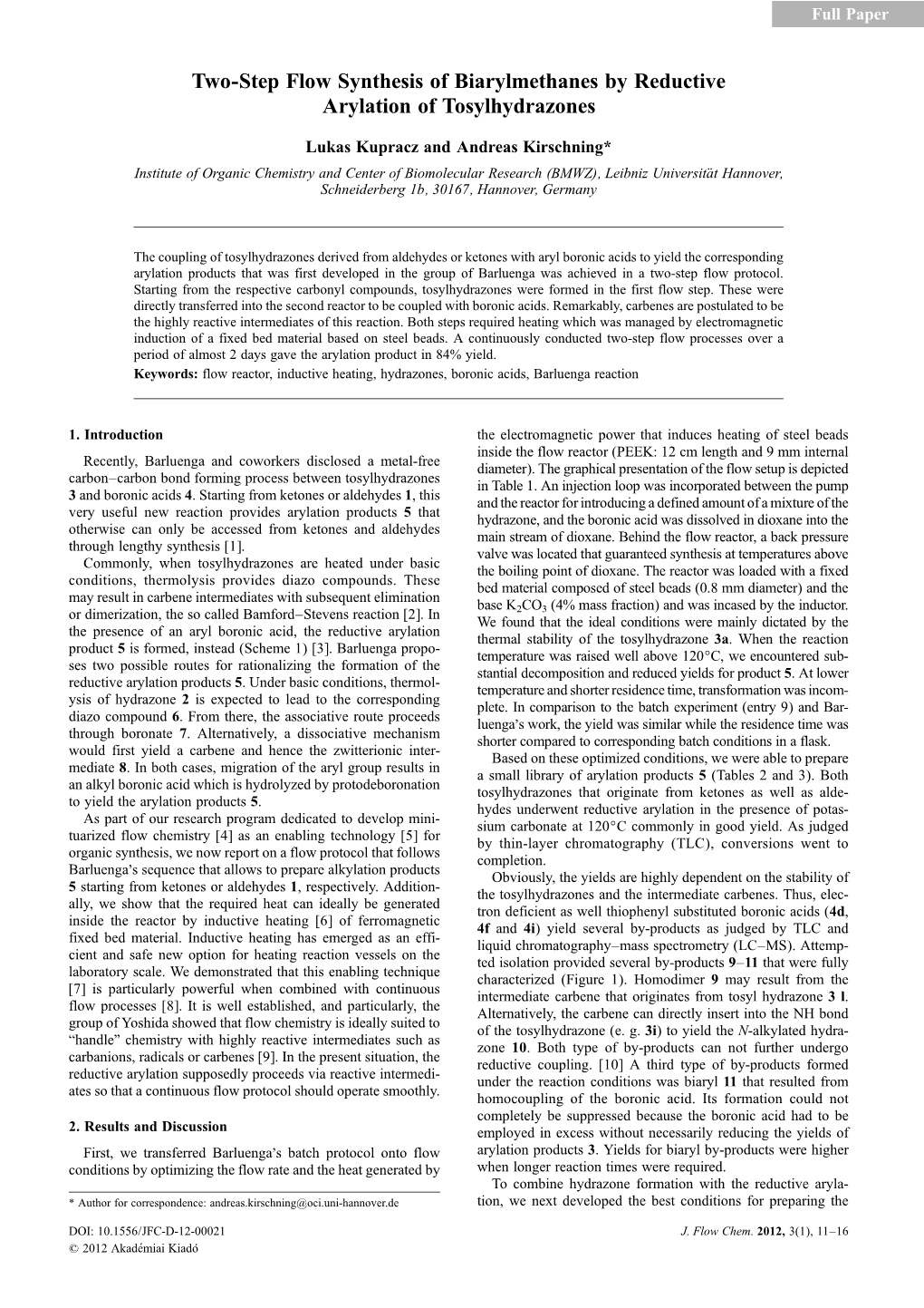 Two-Step Flow Synthesis of Biarylmethanes by Reductive Arylation of Tosylhydrazones