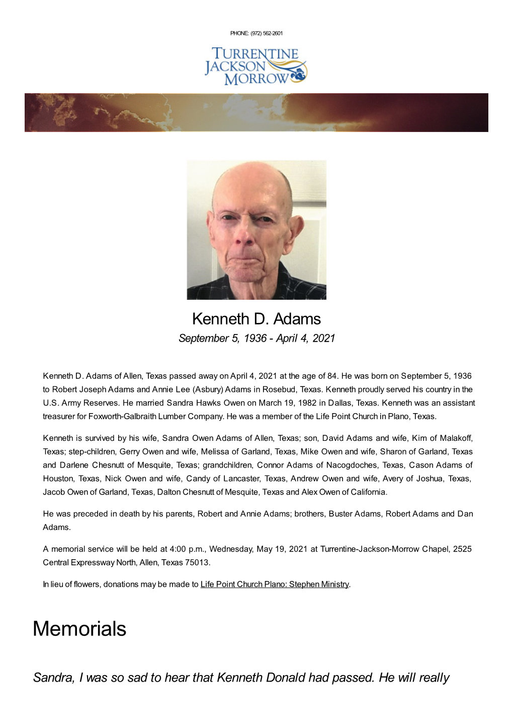 Kenneth D. Adams September 5, 1936 - April 4, 2021