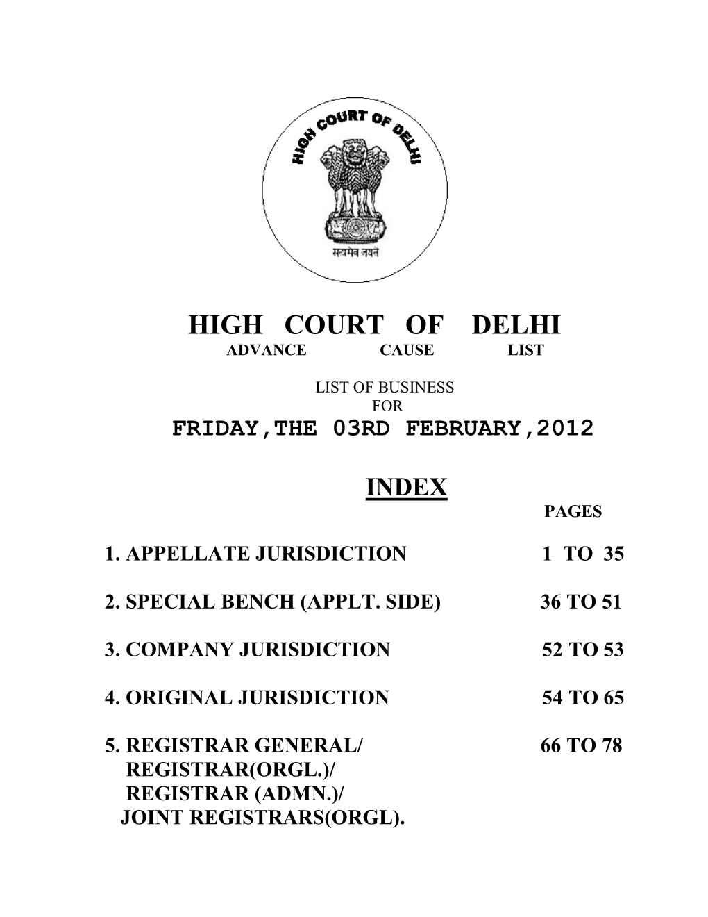 High Court of Delhi Advance Cause List