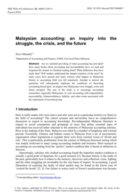 Malaysian Accounting: an Inquiry Into the Struggle, the Crisis, and the Future