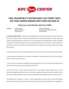 PAUL Mccartney IS GETTING BACK ‘OUT THERE’ with KFC YUM! CENTER AMONG FIRST STOPS on JUNE 26