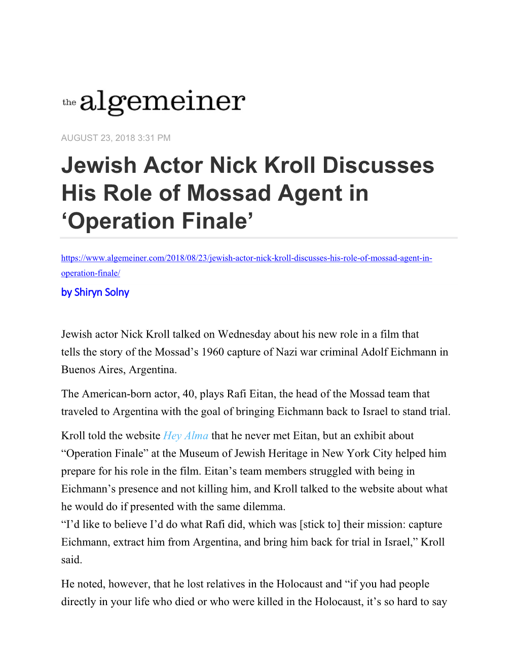 Jewish Actor Nick Kroll Discusses His Role of Mossad Agent in 'Operation