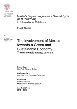 The Involvement of Mexico Towards a Green and Sustainable Economy the Renewable Energy Potential