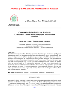 Comparative Foliar Epidermal Studies in Cymbopogon Citratus and Cymbopogon Schoenanthus in Sudan
