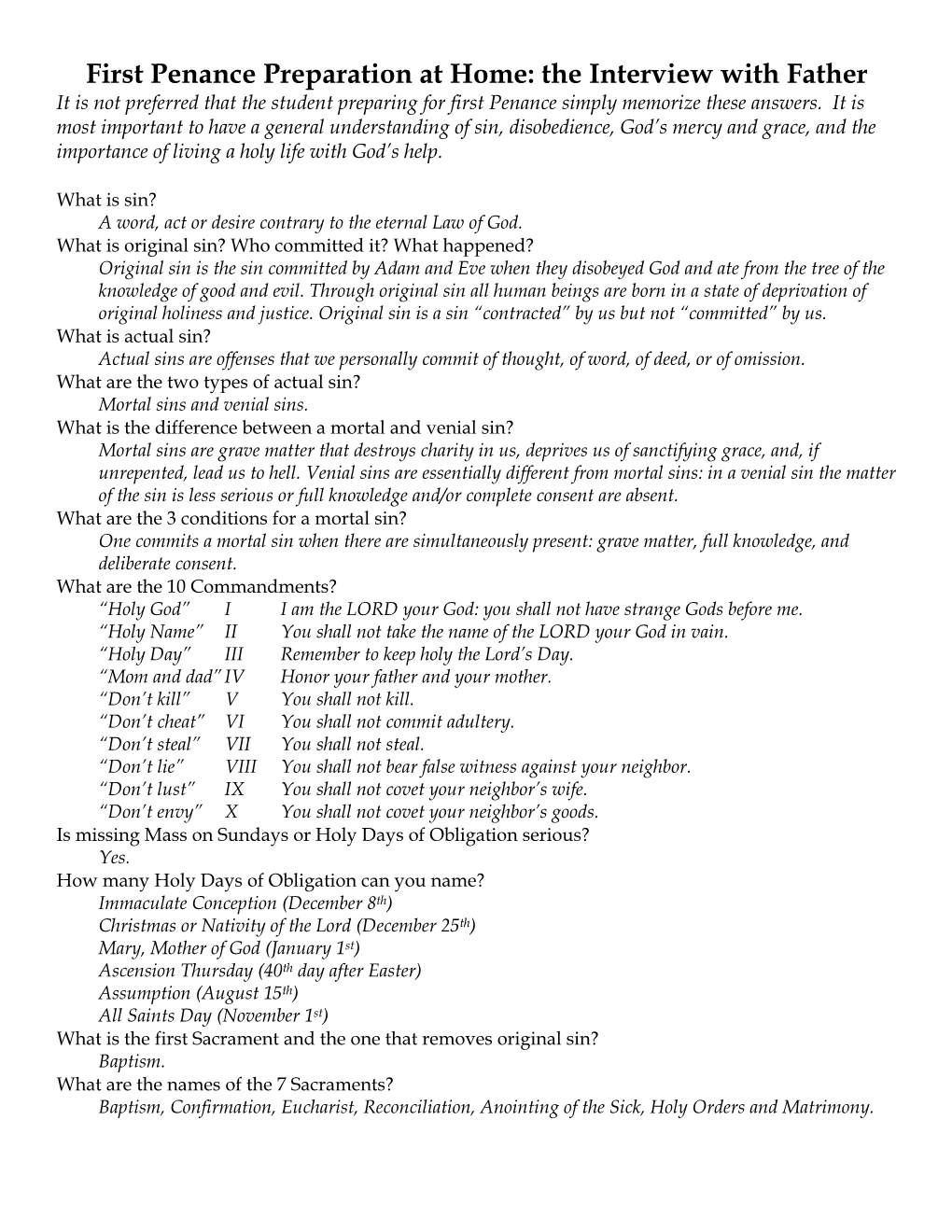 First Penance Preparation at Home: the Interview with Father It Is Not Preferred That the Student Preparing for First Penance Simply Memorize These Answers