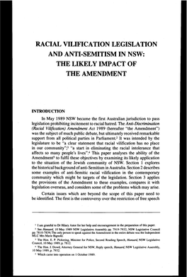 Racial Vilification Legislation and Anti-Semitism in Nsw: the Likely Impact of the Amendment