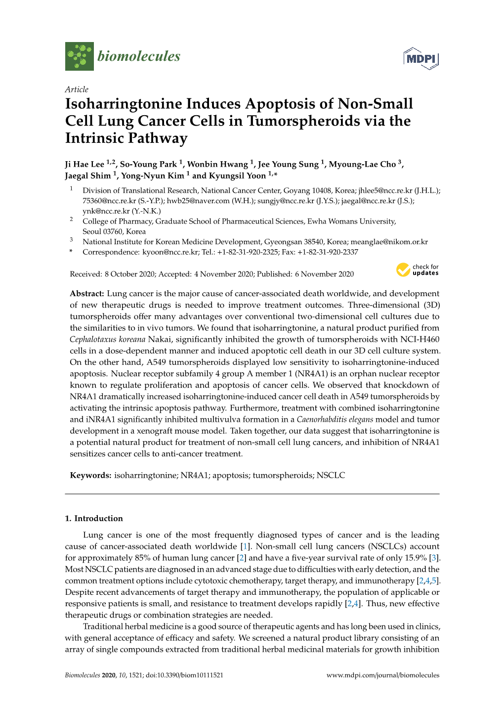 Isoharringtonine Induces Apoptosis of Non-Small Cell Lung Cancer Cells in Tumorspheroids Via the Intrinsic Pathway