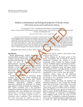 Studies on Biochemical and Biological Properties of Turrids Venom (Turricula Javana and Lophiotoma Indica)