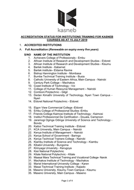 Accreditation Status for Institutions Training for Kasneb Courses As at 15 July 2019