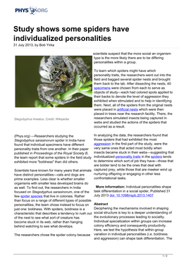 Study Shows Some Spiders Have Individualized Personalities 31 July 2013, by Bob Yirka