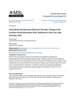 Late Glacial and Holocene Record of Climatic Change in the Southern Rocky Mountains from Sediments in San Luis Lake, Colorado, USA