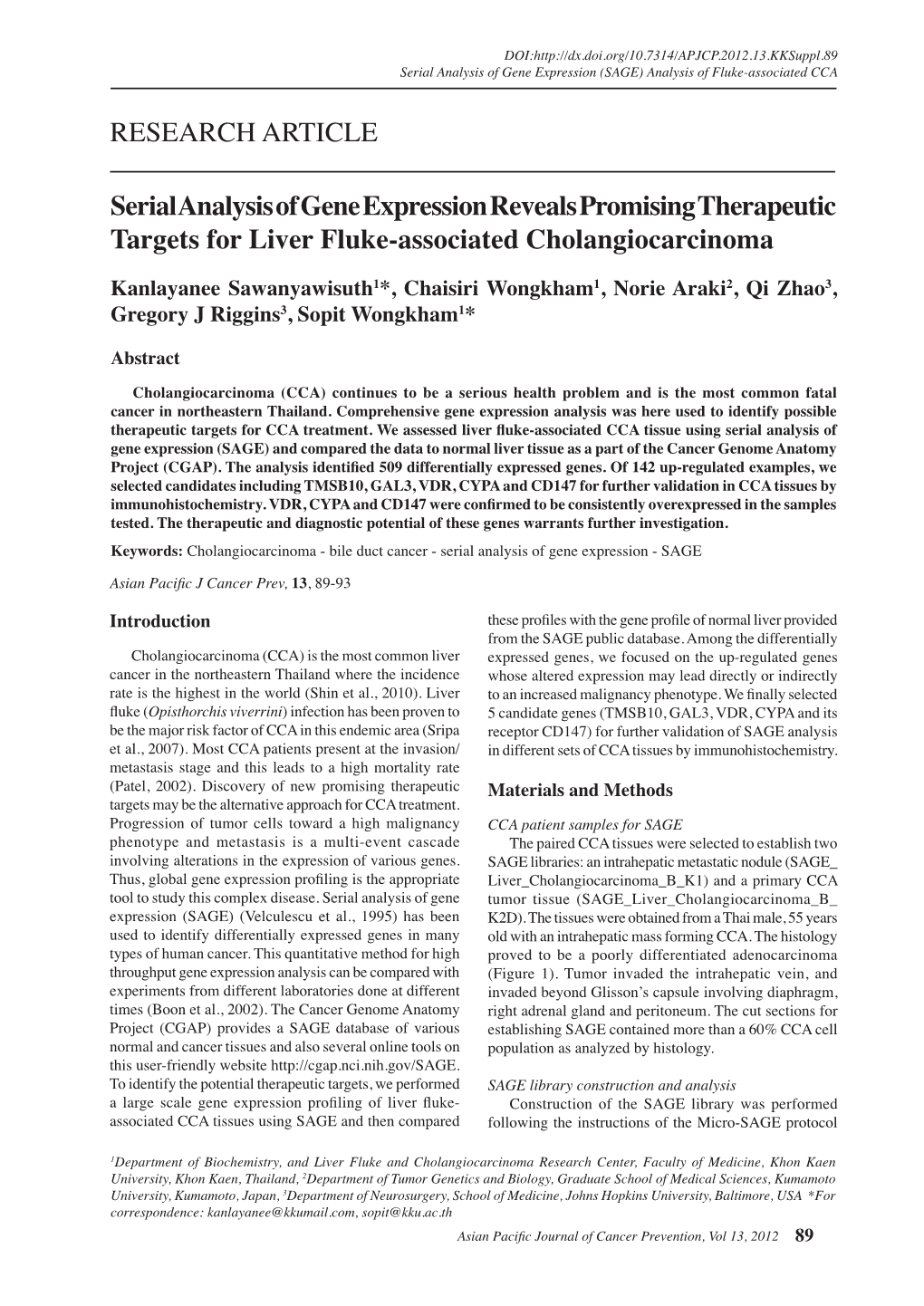 RESEARCH ARTICLE Serial Analysis of Gene Expression Reveals