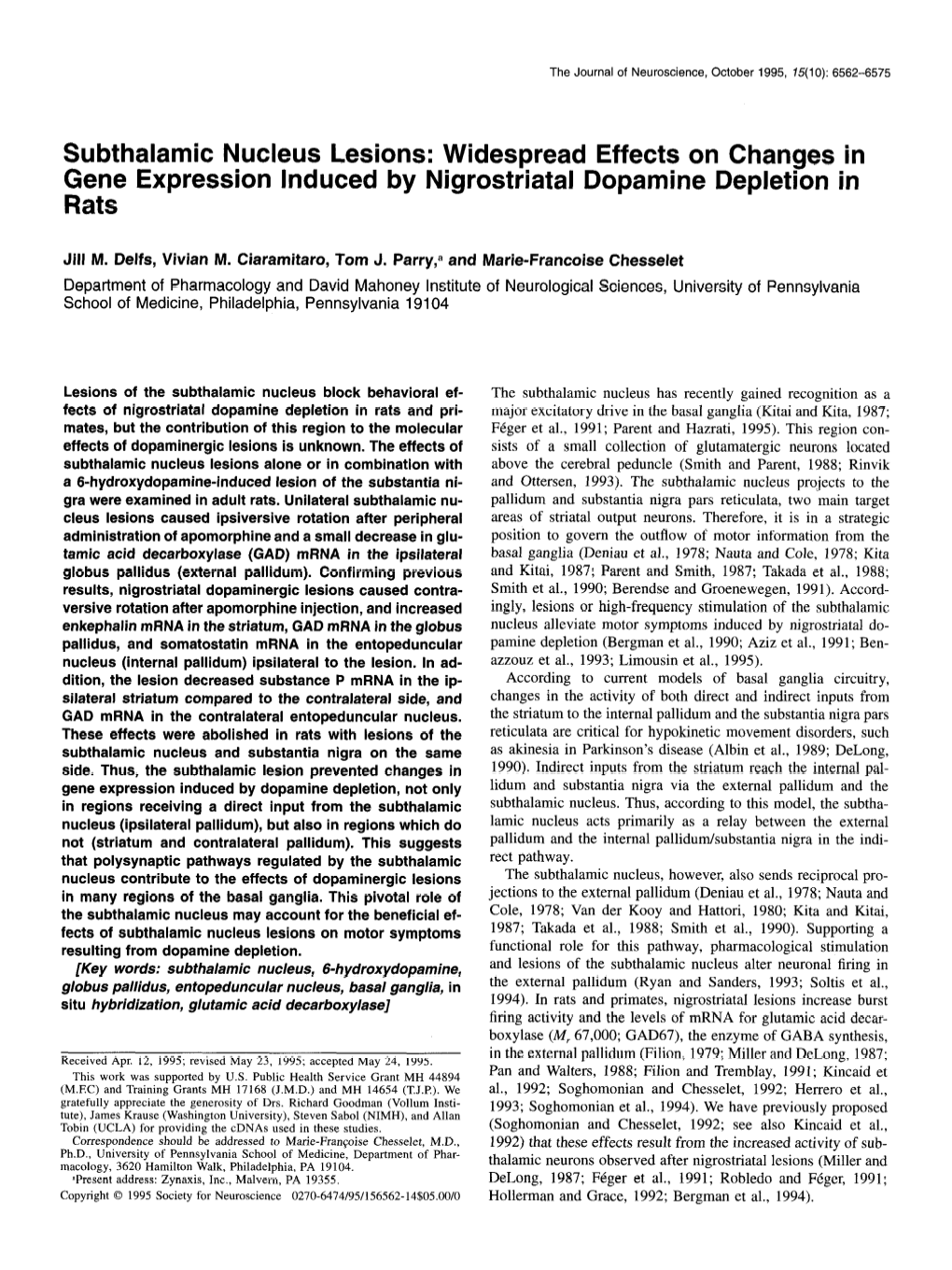 Subthalamic Nucleus Lesions: Widespread Effects on Changes in Gene Expression Induced by Nigrostriatal Dopamine Depletion in Rats