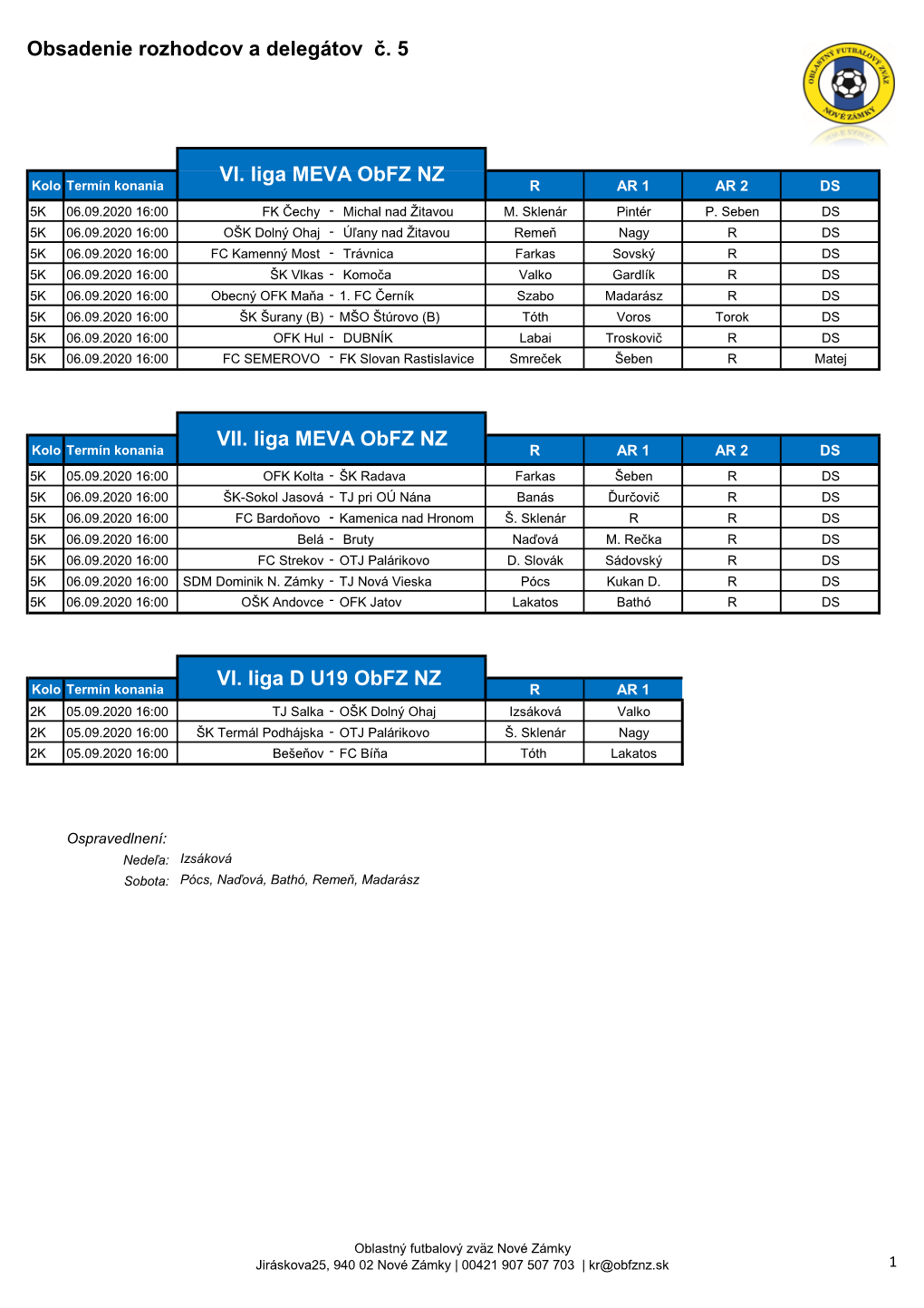 Obsadenie Rozhodcov a Delegátov Č. 5 VII. Liga MEVA Obfz NZ VI. Liga
