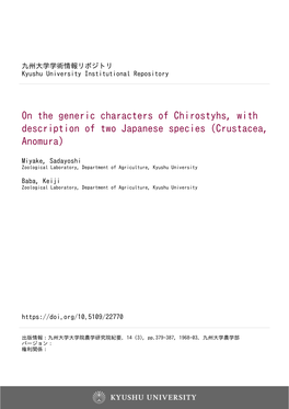 On the Generic Characters of Chirostyhs, with Description of Two Japanese Species (Crustacea, Anomura)
