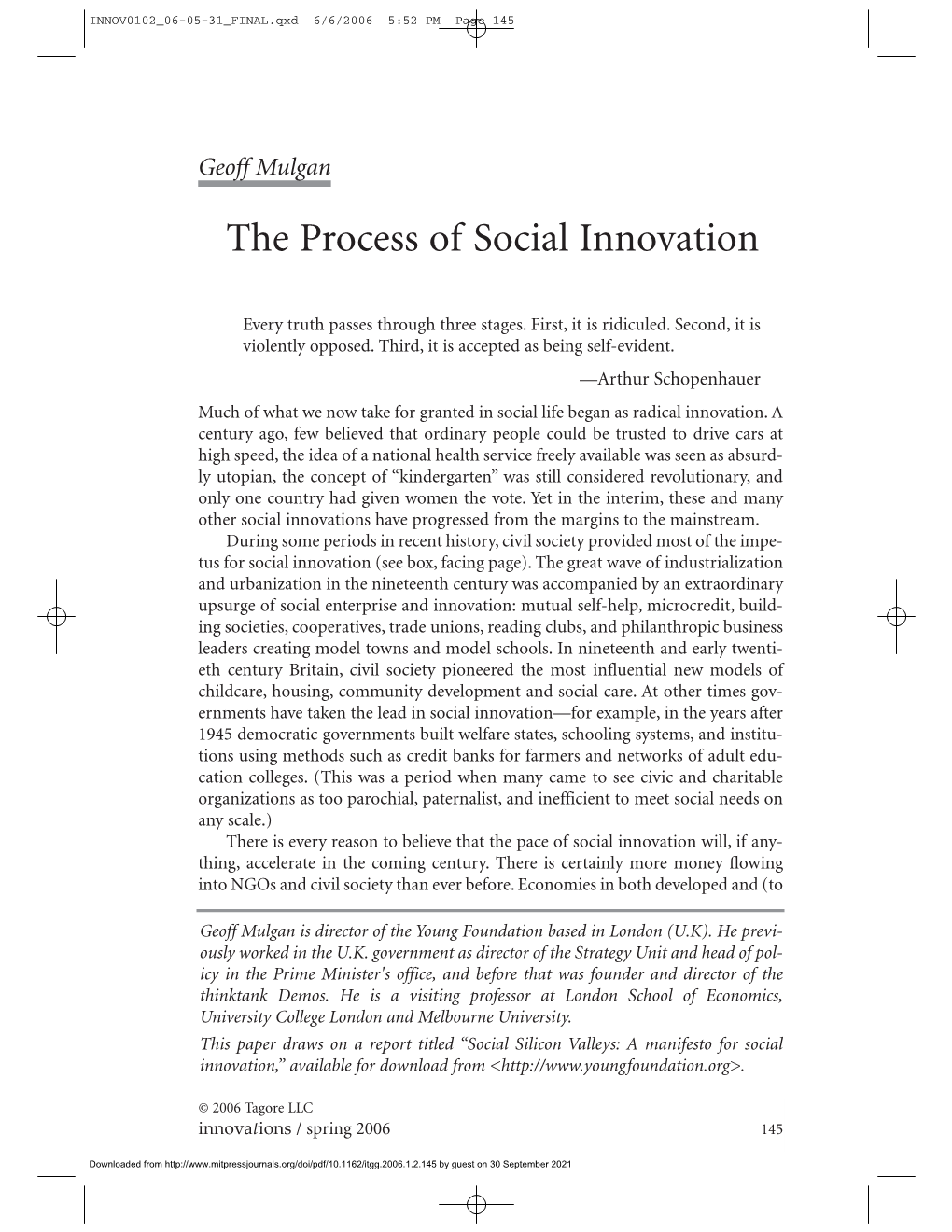 Geoff Mulgan the Process of Social Innovation